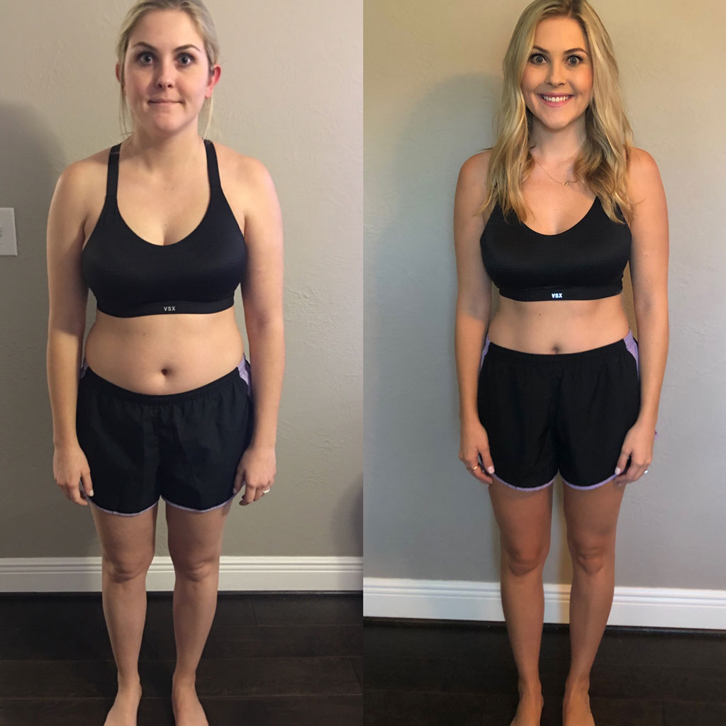 Before and after results of working with Debbie Ivie at Fit Rx Performance featuring client Jordan and 25 pound weight loss.